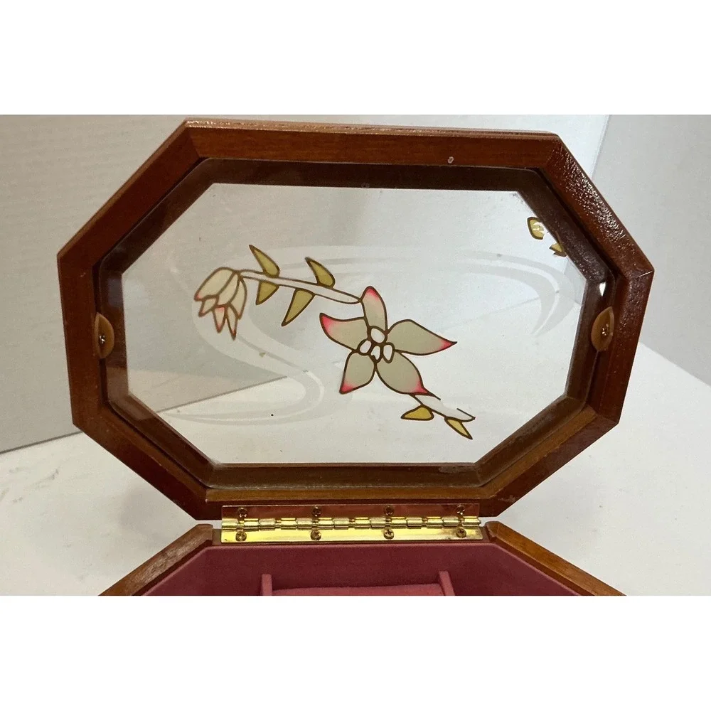 Vintage Wooden Jewelry Box Etched Glass Floral Lid Octagonal Brown